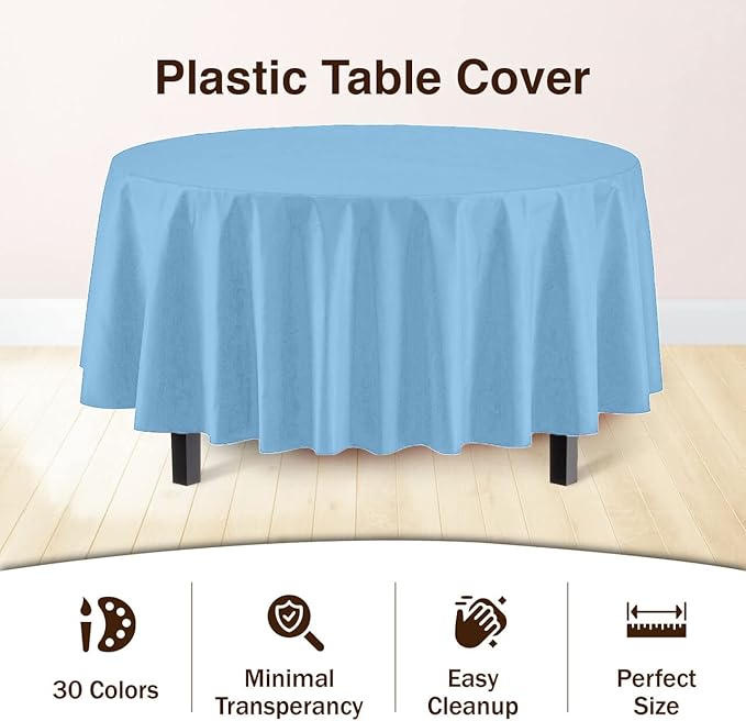 Exquisite Party Solids 6-Pack Premium Plastic Tablecloth 84in. Round Plastic Table Cover - Light Blue
