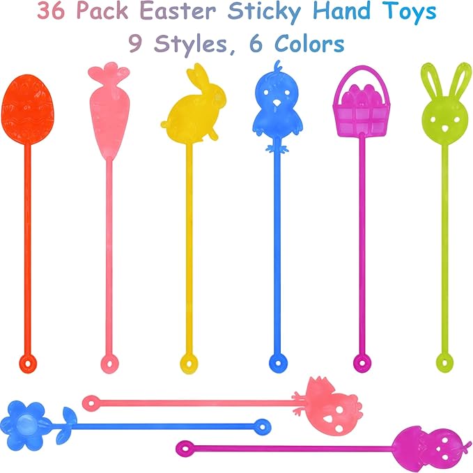 36 Pack Easter Sticky Hands Toys Easter Egg Bunny Chick Carrot Flower Basket Sticky Stretchy Toys for Kids Girls Boys Easter Basket Stuffers Easter Party Favors Gifts