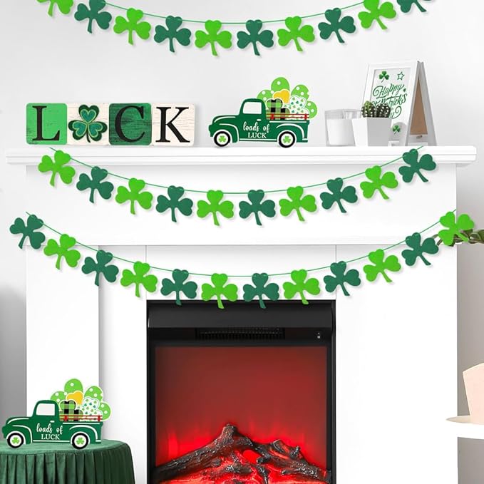 AKEROCK St Patricks Day Garland, Pre-Stung Hanging Felt Shamrock Garland for Wall, Fireplace Mantle Decor - St Patricks Day Decorations for The Home - 6 Saint Patricks Day Banners, 12 Pcs of Each