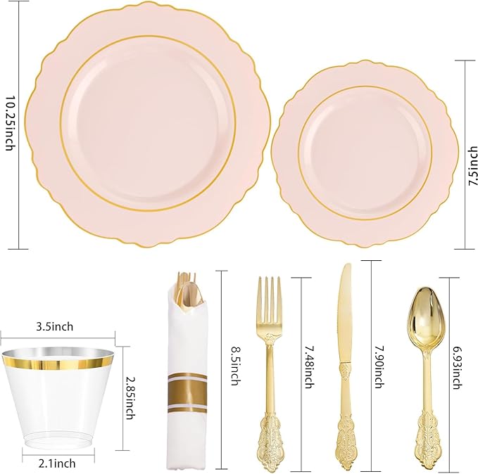 Liacere 350PCS Pink Plates Disposable-PinK Plates 50guest Baroque Plastic Dinnerware include 100Plates, 50Pack Pre Rolled Napkins with Silverware 50Cups Perfect for Wedding ＆ Easter Day