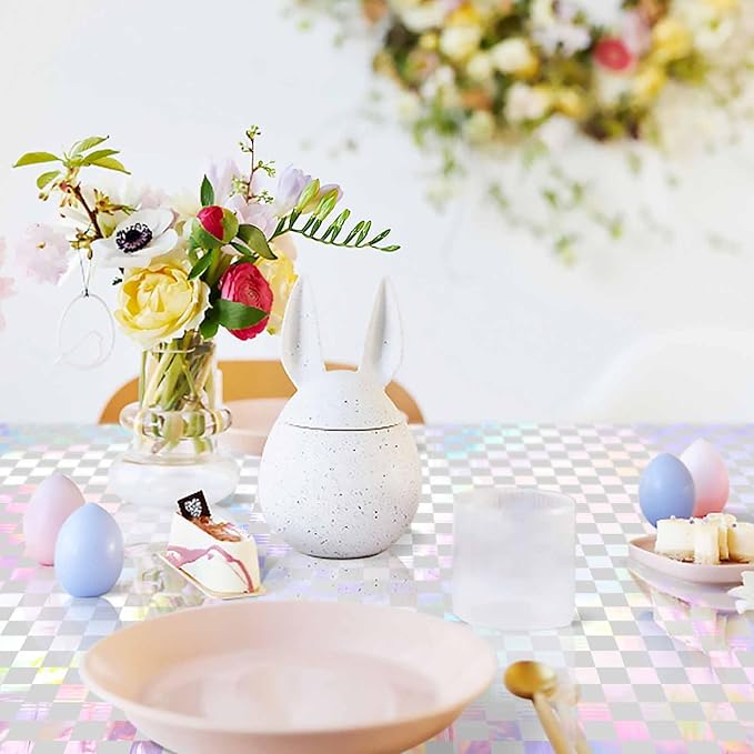 1 Pack White and Iridescent Checkered Tablecloth Shiny Disposable Holographic Foil Table Cloth Plastic Laser Rectangle Table Cover for Picnic Birthday Party Race Car Tablecloth