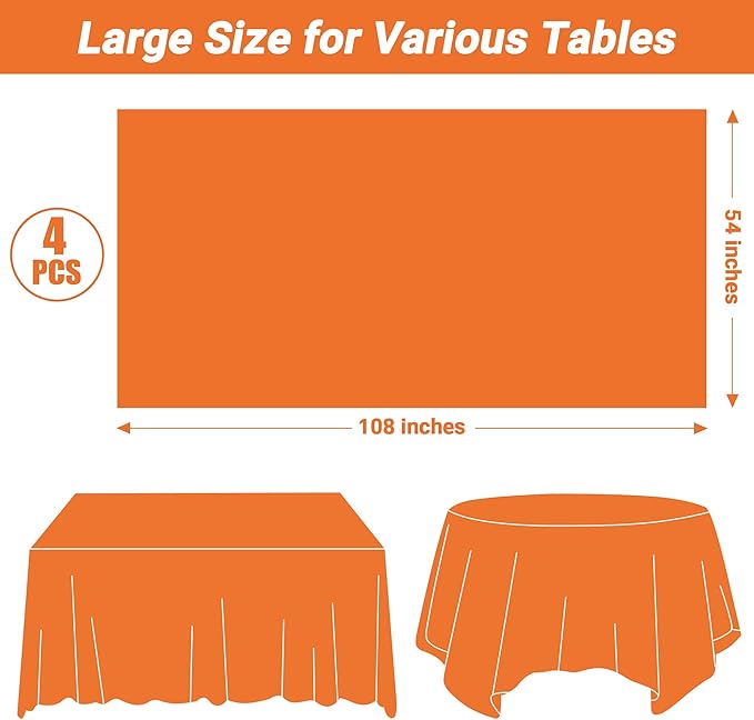 QZYL 4 PCS Table Cloth, 54" x 108" Orange Tablecloth Plastic, Multiple Colors Disposable Tablecloth for Indoor Outdoor Home Essentials, Waterproof Table Covers of Baptism Decorations Picnic Themed