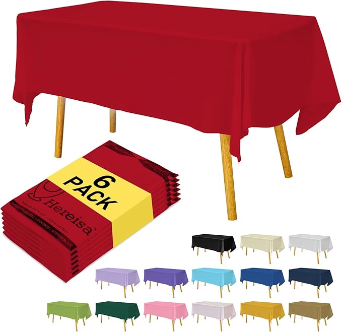 Red 6 Pack Plastic Table Cloth 54" x 108", Disposable Tablecloths Rectangle Table Cover, Plastic Table Cloths for Parties