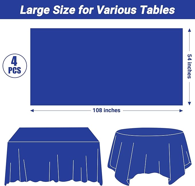 QZYL 4 PCS Blue Tablecloth, 54 x 108 Inches Plastic Table Cloth Disposable, Table Cloth for Parties, Picnic, Camping and Baby Shower Decorations, Leakproof Table Cover of Indoors Outdoors
