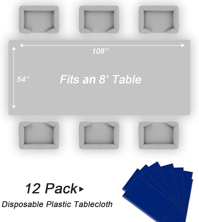QIKSION Royal Blue Plastic Table Cloth Disposable 12 Pack, 54 x 108 Inch Tablecloths for Party, Graduation, Patriotic, Veterans Day Decorations, Dark Blue Rectangle Table Cover
