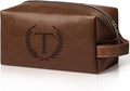 Personalized Gifts Travel Toiletry Bag for Men Engraved Initial PU Leather Waterproof Shaving Bag for Toiletries Accessories Fathers Day Birthday Gift for Men Dad Husband Son, Reddish Brown T