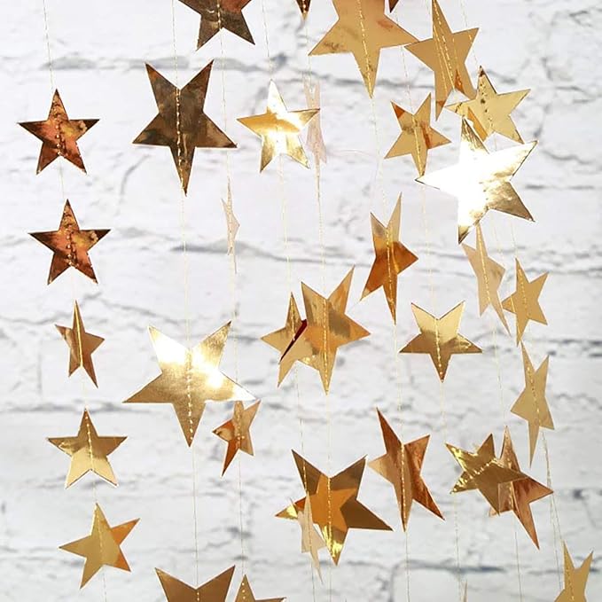 Gold Star Garland Banner Decorations - 156 Feet Bright Gold Paper Garland Hanging Decorations, Glitter Star Bunting Banner for Wedding, Birthday, Holiday, Christmas Party