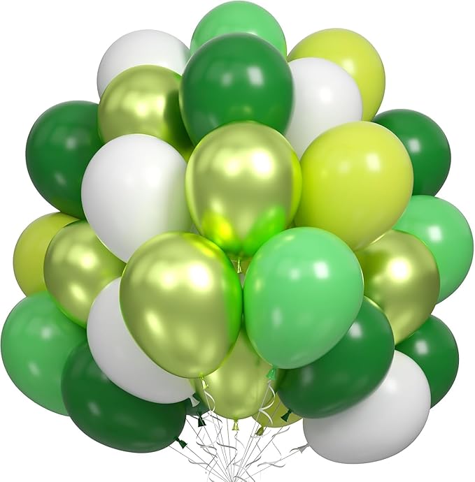 60PCS Green Party Balloons, Dark Green Emerald Green Lime Greens Chrome Metallic Greens and White Latex Balloon, for Greens Themed Birthday Jungle Safari Party Supplies St. Patrick's Day Decoration