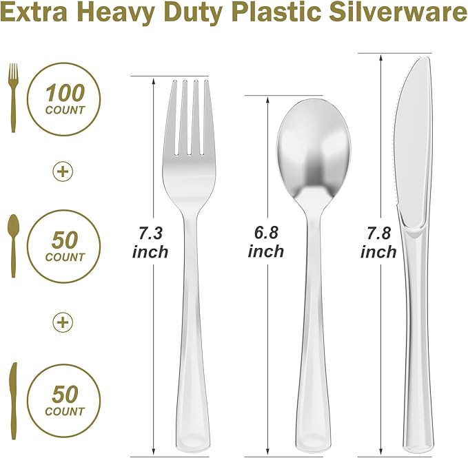 200 Count Heavy Duty Silver Plastic Silverware, 100 Forks, 50 Spoons, 50 Knives, BPA-Free, Heat Resistant, Disposable Plastic Utensils Set Cutlery Set, Plasticware Bulk