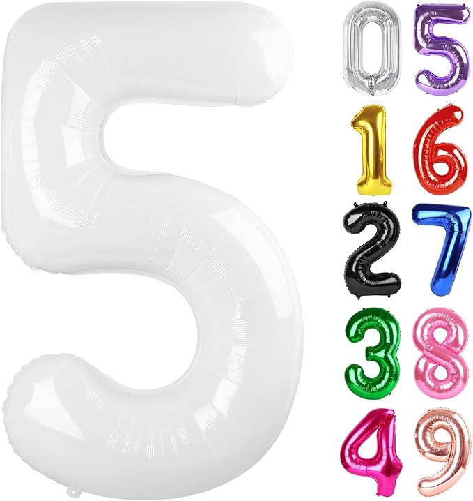 White Number 5 Balloon 40 Inch, 5th Birthday Party Decorations for Children, Giant 5 Foil Balloon for Party Supplies