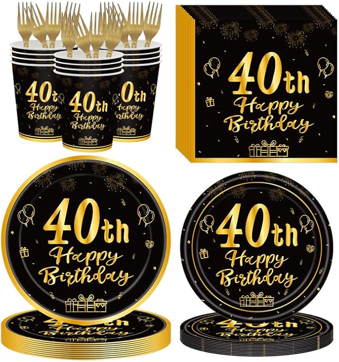 120Pcs 40th Birthday Party Supplies Plates Napkins Cups Forks Tableware Set Gold Black Happy 40th Birthday Themed Disposable Tableware Decoration Serves 24 Guests for Women and Men