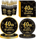 120Pcs 40th Birthday Party Supplies Plates Napkins Cups Forks Tableware Set Gold Black Happy 40th Birthday Themed Disposable Tableware Decoration Serves 24 Guests for Women and Men