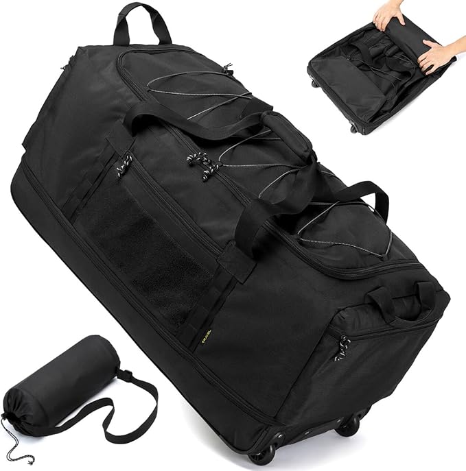 Laripwit Collapsible Duffle Bag with Wheels 130-170L Extra Large Expandable Travel Duffel Bag for Men Women Heavy Duty Military Duffle Bag for Camping Rolling Foldable Carry On Luggage, Black
