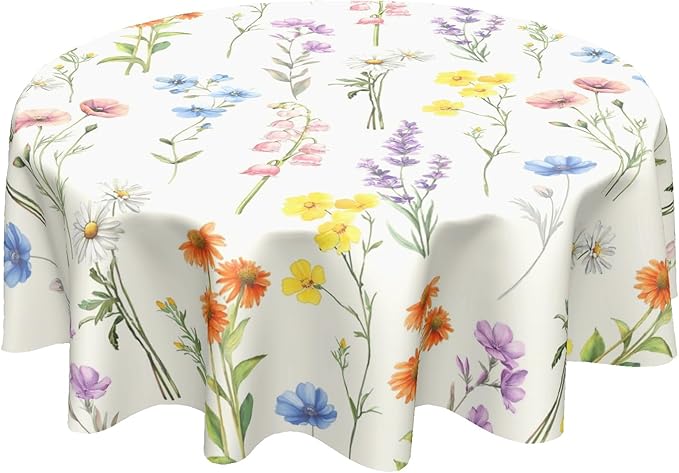 Spring Summer Round Tablecloth Colorful Floral Circle Table Cloth 70 Inch Farmhouse Table Cover Washable Polyester Indoor Decorations for Home Kitchen Dinning Party