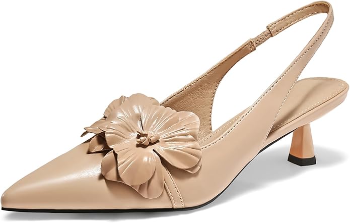 Coutgo Womens Slingback Kitten Heels Flower Closed Pointed Toe Pumps Wedding Party Dress Sandals Shoes