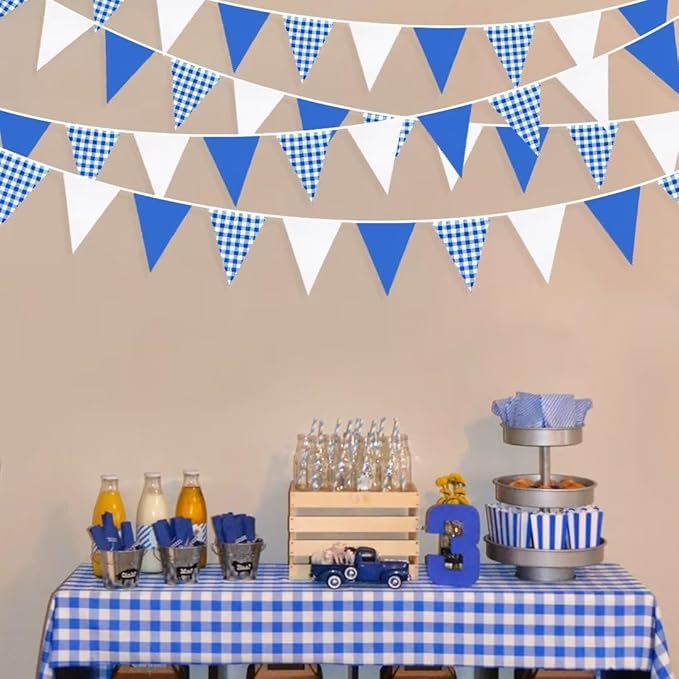 32Ft Deep Blue Party Decorations Blue Buffalo Plaid Checkered White Triangle Flag Gingham Pennant Bunting Fabric Garland for Picnic Racing Car BBQ Birthday Wedding Outdoor Garden Oktoberfest Decor
