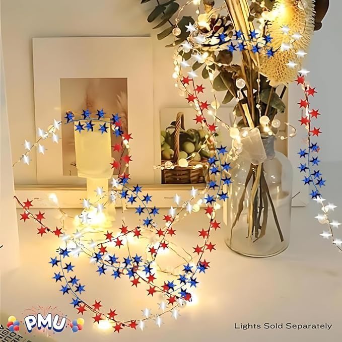 PMU 75 Ft Patriotic Star Garlands with Wire, Shiny Metallic Garland for 4th of July, National Day, Independence Day, Red, White and Blue (3pc-25Ft Each)