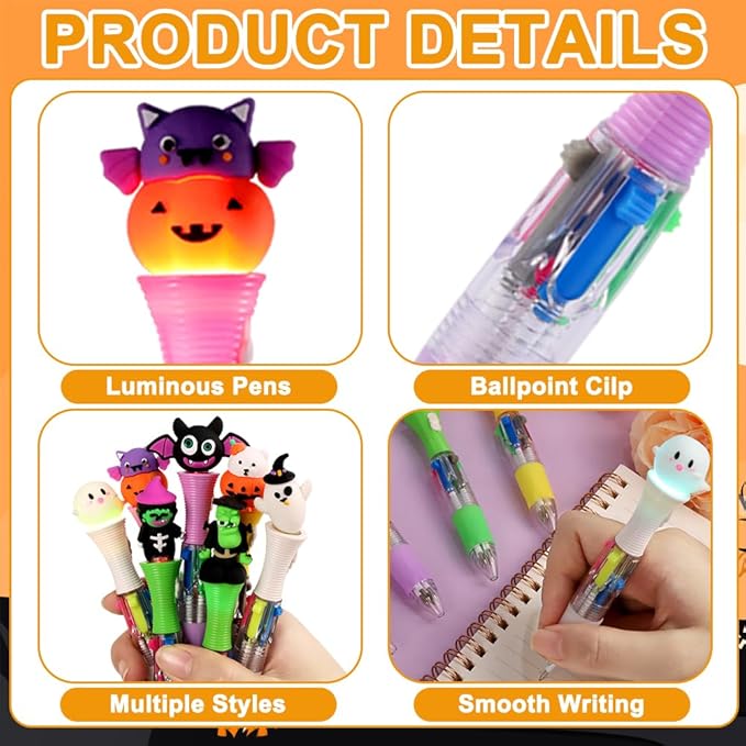 12PCS Halloween Pens,Multicolor Ballpoint Pens with Lights 4 Colors in 1 Halloween Retractable 0.7mm Multicolor Glow Writing Stationery for Holiday Party School Supplies Students Rewards