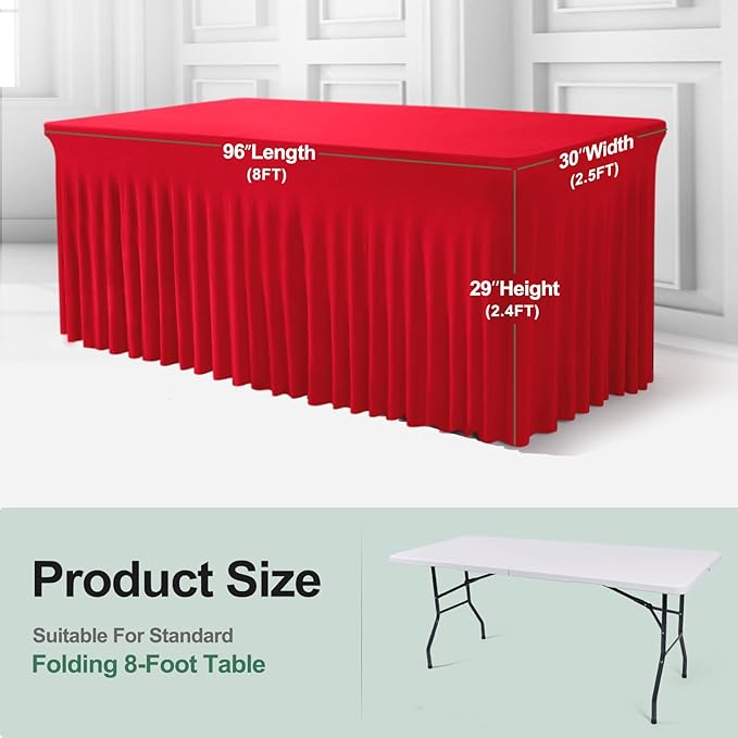 Table Skirts for Rectangle Tables 8ft - 2 Pack One-Piece Red Tablecloths and Skirt, Wrinkle Resistant Ruffles Elastic Cover for Banquets, Weddings, Events, Parties