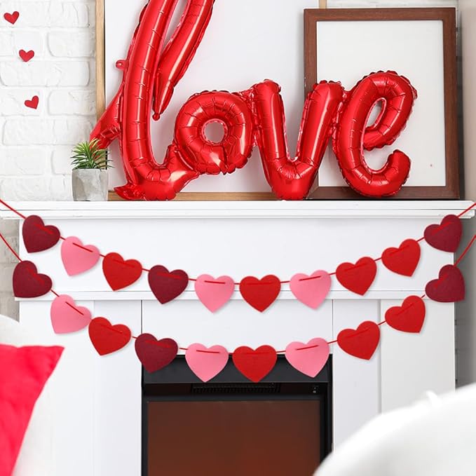 Valentines Day Decorations, 6 Strips Valentines Day Garland - Felt Heart Garland Banner for Mantle, Wall, Party Valentine Decorations - Hanging Hearts Decorations for Valentine Decor