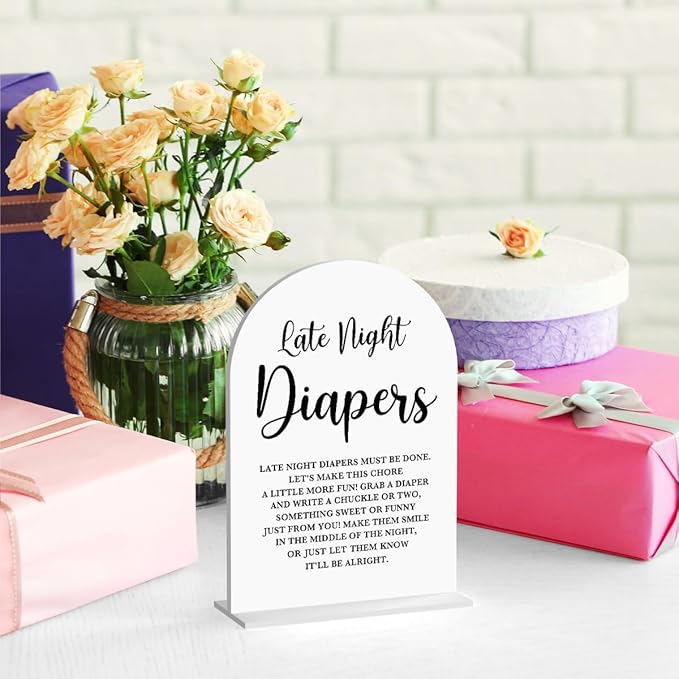 Baby in Bloom Shower Decorations, Baby Shower Sign, Newborn Gifts, Late Night Diapers Game Signs, Modern Calligraphy Arched Acrylic Table Top Signs With Stand for Birthday Party Decorations (White)