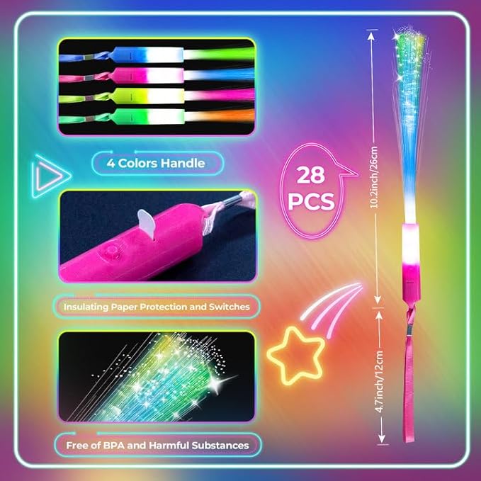 28 PCS Glow Fiber Wands Sticks, LED Light Wands, Glow in The Dark Party Supplies, Fiber Optic Wands, LED Flashing Sticks, Fiber Optic Light Wand Stick for Party, Wedding, Halloween & New Year