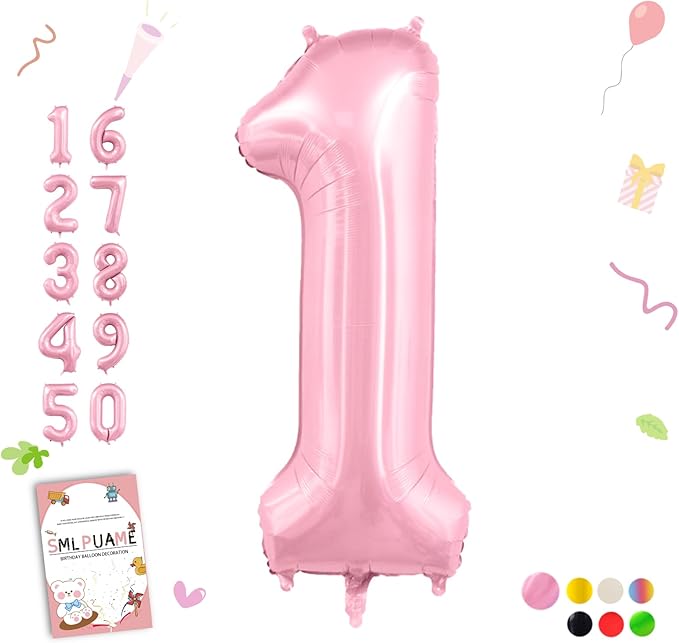 Smlpuame Pastel Pink 1 Balloons, 40 Inch Large Light Pink Foil Number Balloons 0-10, Self-Sealing 1st Birthday Balloon for Girls Women Anniversary Baby Shower Princess Party Decorations Supplies