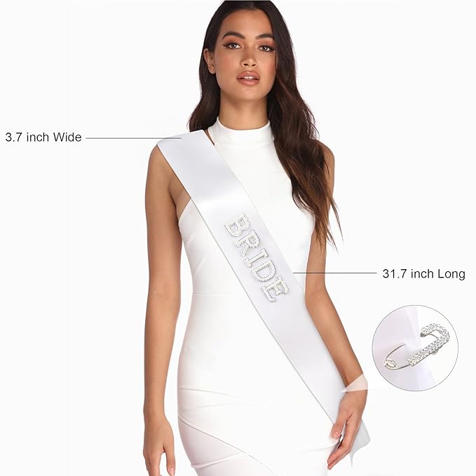 Etercycle Bride Sash, Bride To Be Sash Bridal Gifts, White Pearls Rhinestones Sashes Bachelorette Party Decorations Bridesmaid Favors With Adjustable Diamond Pin