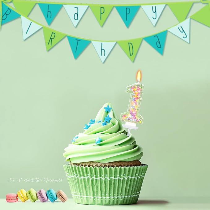 Birthday Candles - Number 1 Candle, Colorful Macaron Candles for Boys/Girls, Green Cake Decorations, Dinosaur Themed Party Supplies