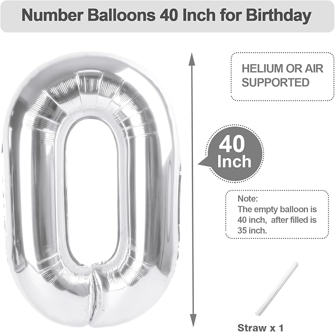 10 Number Balloons, Silver Balloons for Woman Man 10th Birthday Party Decoration, 40 Inch Foil Number 10 Ballon for 10, 100 Anniversary, Bridal Shower, Graduation, Wedding, New Year, Valentine's Day