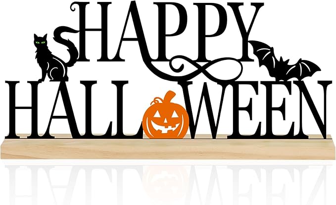 COCHIE Metal Happy Halloween Sign, Black Halloween Decorations for Home, Office, Shelf, Mantel, Indoor, Jack-o-lantern Decoration, Spooky Cat Bat Decor (Halloween)