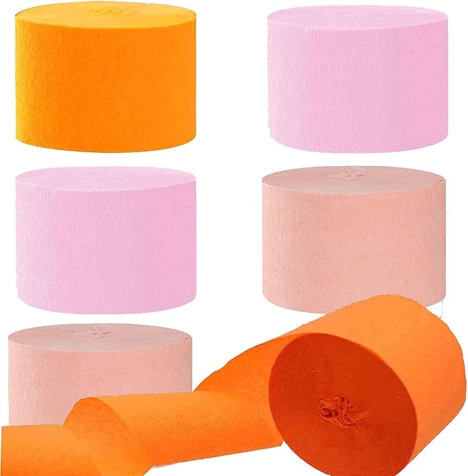 We Moment Orange Pink Peach Crepe Paper Streamers 1.8 Inch Widening 6 Rolls，Orange Pink Party Decorations Streamer 82 feet per roll for Girl Birthday Baby Shower Wedding Party Decorations