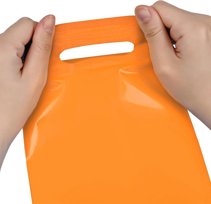 Orange 100 PCS Small Gift Bags, 6"x8" Goodie Party Favor Bags with Handle, Treat Retail Pouches for Kids Birthday, Christmas, Small Business