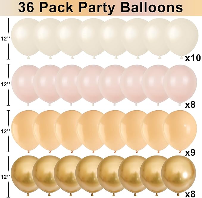 White Sand Gold Balloons Set, 12 Inch Double Stuffed Blush Beige Boho Party Balloons with Metallic Chrome Gold Neutral Cream Nude Latex Balloon for Birthday Baby Bridal Shower Wedding Party Decoration