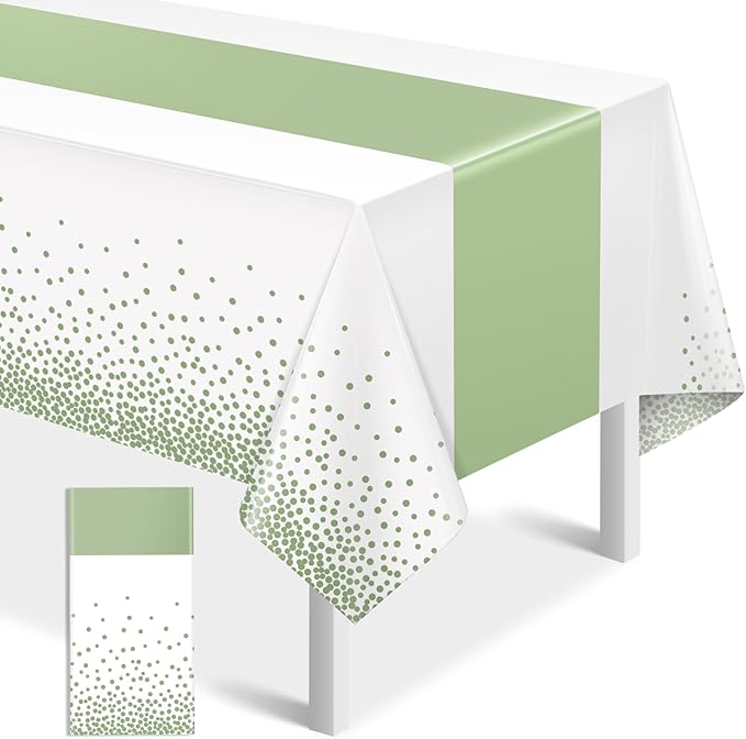 1Pcs White and Sage Green Tablecloth Decorations,Plastic White Table Cloth Printed Green Table Runner Disposable Rectangle Tables Cover for Birthday Wedding Anniversary Graduation Party,54 x108 Inch