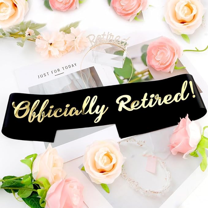 AOPRIE Retired Headband fow Women Crwon Tiara for Men Officiallly Retired Sash for Retirement Work Party Events Party Supplies Gifts Favors Decorations, Gold Black, 2 Pack