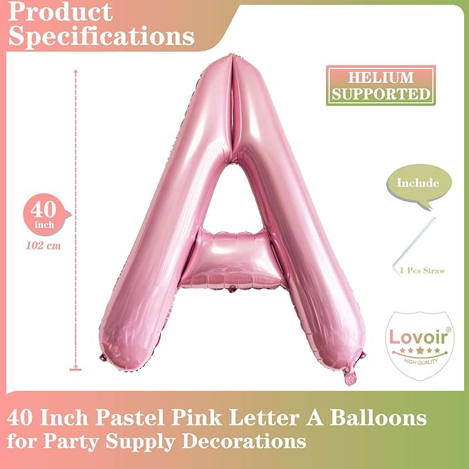Pink Letter A Balloons, 40 Inch Pastel Pink Letter Balloons A Foil Mylar Helium Pink Letter Balloons for Birthday Party Supplies Anniversary Event Celebration Decorations Alphabet Pink A