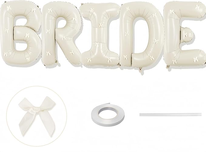 40Inch Beige BRIDE Balloons Bachelorette with Cream Bows, Giant Sand White BRIDE Mylar Foil Letter Balloon, Bride To Be Banner Sign for Bridal Shower Engagement Wedding Photo Booth Party Decorations