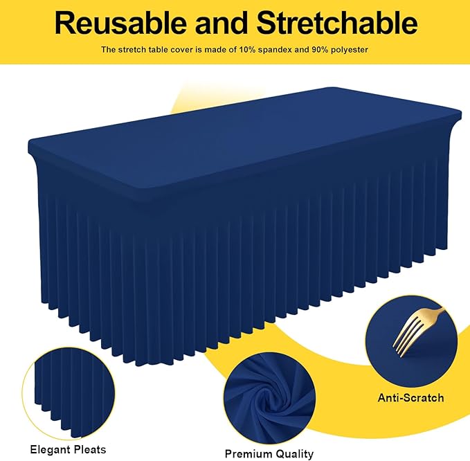 Smiry Spandex Tablecloth, Elastic Fitted Stretch Tablecloth for 8FT Rectangle Tables, Waterproof Washable Table Cover Skirt for Outdoor, Wedding, Banquet & Parties (Navy, 96Lx30Wx30H Inch)
