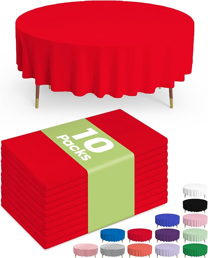 Pureegg Plastic Table Cloth Disposable 10 Pack, 84'' Round Table Cloths, Valentines Day, Thanksgiving, Christmas Decorations, Fall Tablecloths, Round, Plastic Cover, Leakproof & Sturdy, Red