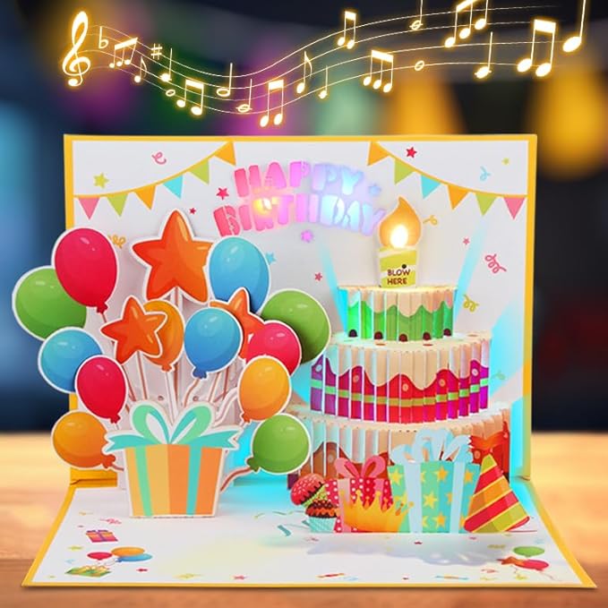 Birthday Cards Pop Up Cake with Blowable Candle Light, Music Happy Birthday Card Gifts for Men Women Kids Mom Grandma