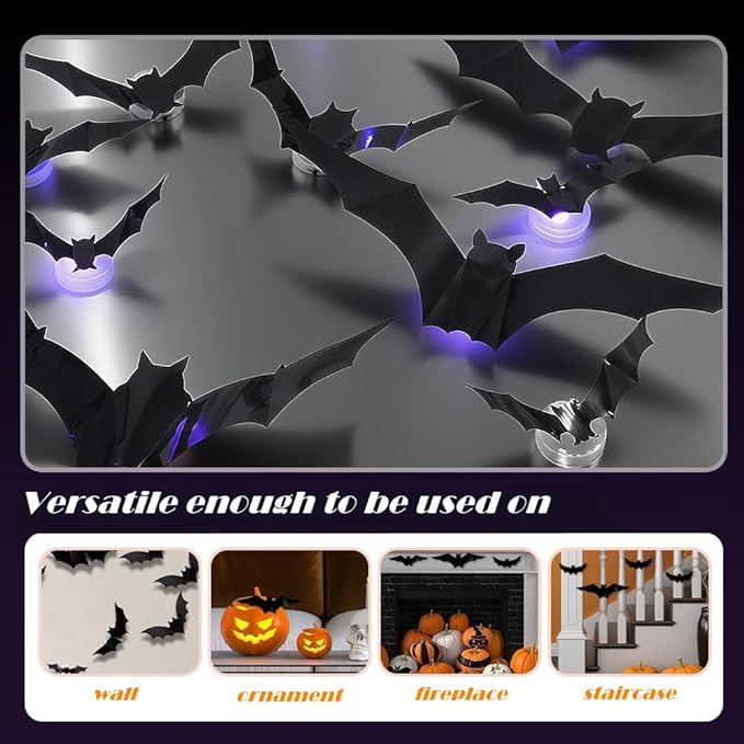 2025 New Halloween 3D Lighted Bats, LED Purple Lighted 3D Bats Halloween Decoration, Upgrade LED Glowing Bat Group Hanging Wall Luminous Glow Clings Multipack (12Pcs Black)