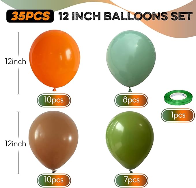 Sage Green Orange Balloons Set, 12 Inch Olive Green Orange Balloons with Nude Coffee Green Brown Latex Balloons Dinosaur Theme Party Decoration for Jungle Safari Wild Woodland Garden Outdoor Party