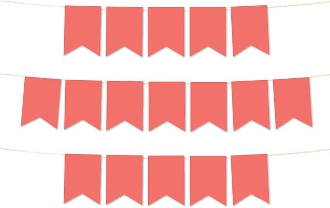 Andaz Press Hanging Pennant Banner with String, Coral, 1-Set, 24 Pennants, Approx. 12-Feet Long