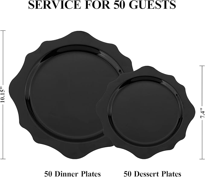 100 PCS Black Disposable Plates for 50 Guests, Scalloped Plastic Plates Include 50 Dinner Plates and 50 Dessert Plates for Party, Wedding, Graduation and Father's Day