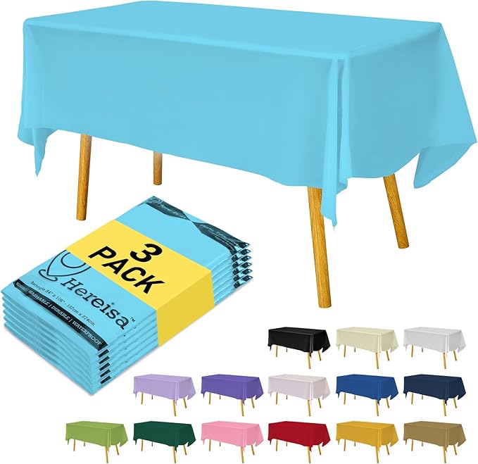 Plastic Light Blue Tablecloths 3 Pack Disposable Table Covers 54" x 108" Sky Blue Table Cloths for Gender Reveal Parties Baby Shower Engagement Wedding, Fits 6 to 8 Foot Rectangle Tables