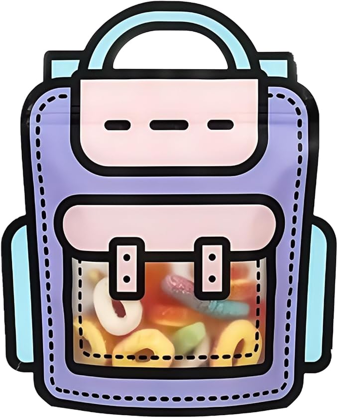 PABCK 30 Pack Plastic Gift Bags Cartoon Goodie Bags 9.45x11.02 inch Backpack-shaped Candy Packaging Bag with Handle Resealable Treats Birthday Party Favor Stand Up (10 Blue,10 Purple and 10 Orange)