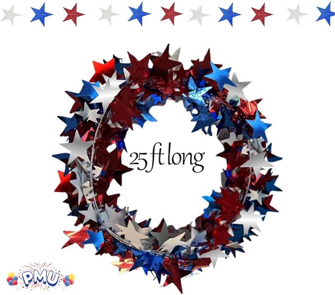PMU 75 Ft Patriotic Star Garlands with Wire, Shiny Metallic Garland for 4th of July, National Day, Independence Day, Red, White and Blue (3pc-25Ft Each)