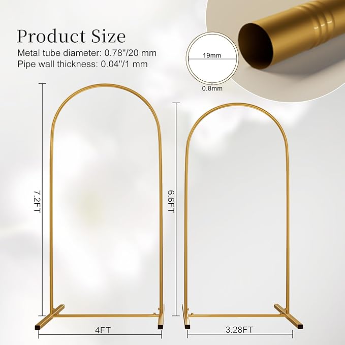 Metal Arch Backdrop Stand Set of 2, Heavy-Duty Balloons Arch Frame for Wedding Ceremony, Party, Baby Shower, Birthday Decorations (Gold, 7.2ft+6.6ft)