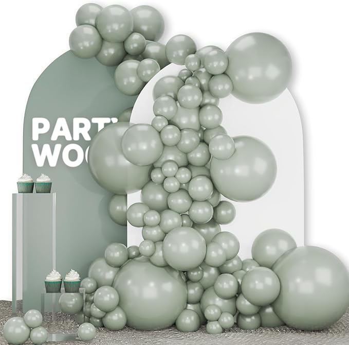 PartyWoo Dusty Green Balloons 140pcs Different Sizes Pack of 18 12 10 5 Inch Sage Olive Eucalyptus Green Boho Neutral Balloon Arch Kit for Jungle Woodland Theme Birthday Party Decorations Green-F59